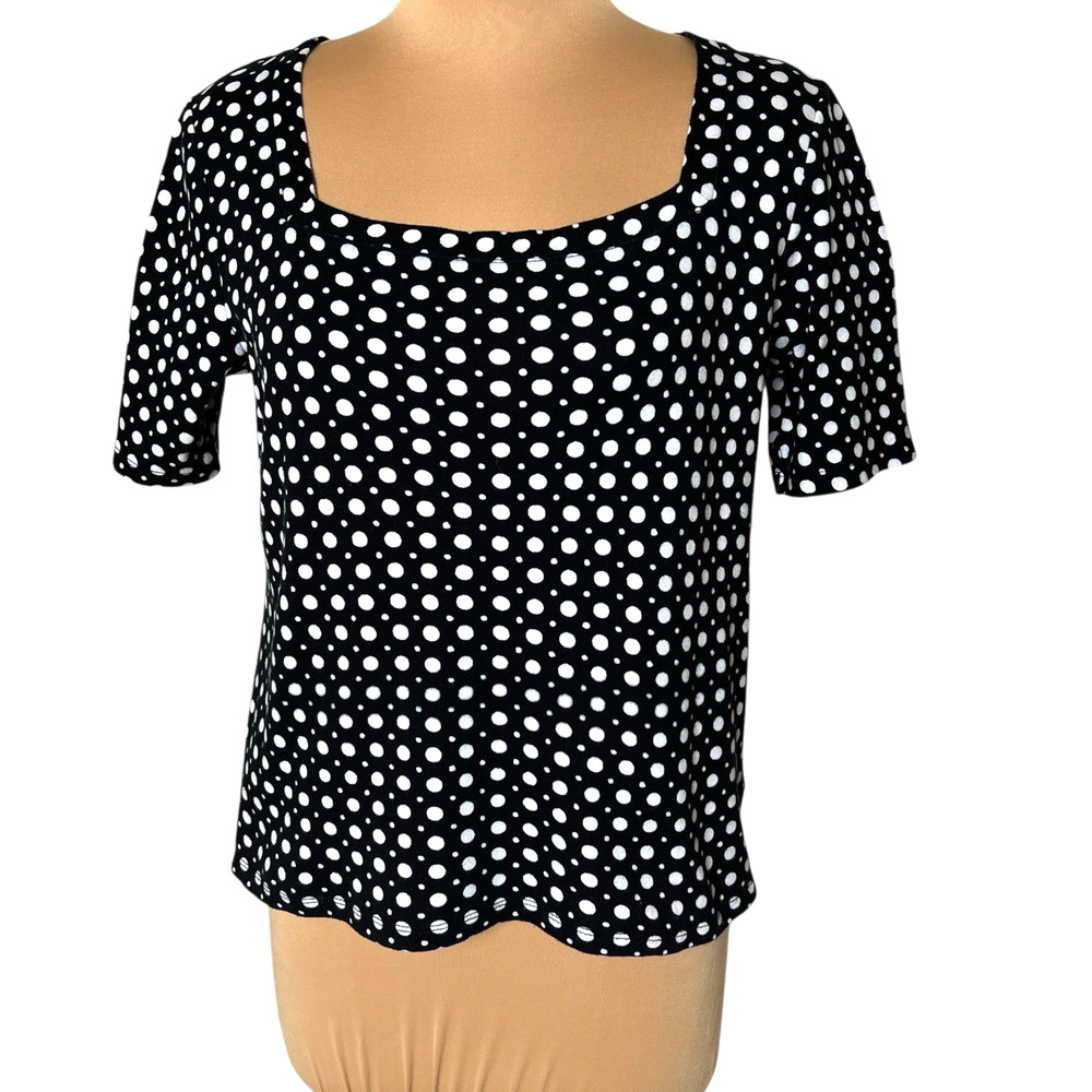 Jones New York Polka Dot Cotton Knit Top Womens Medium Black White Square Neck